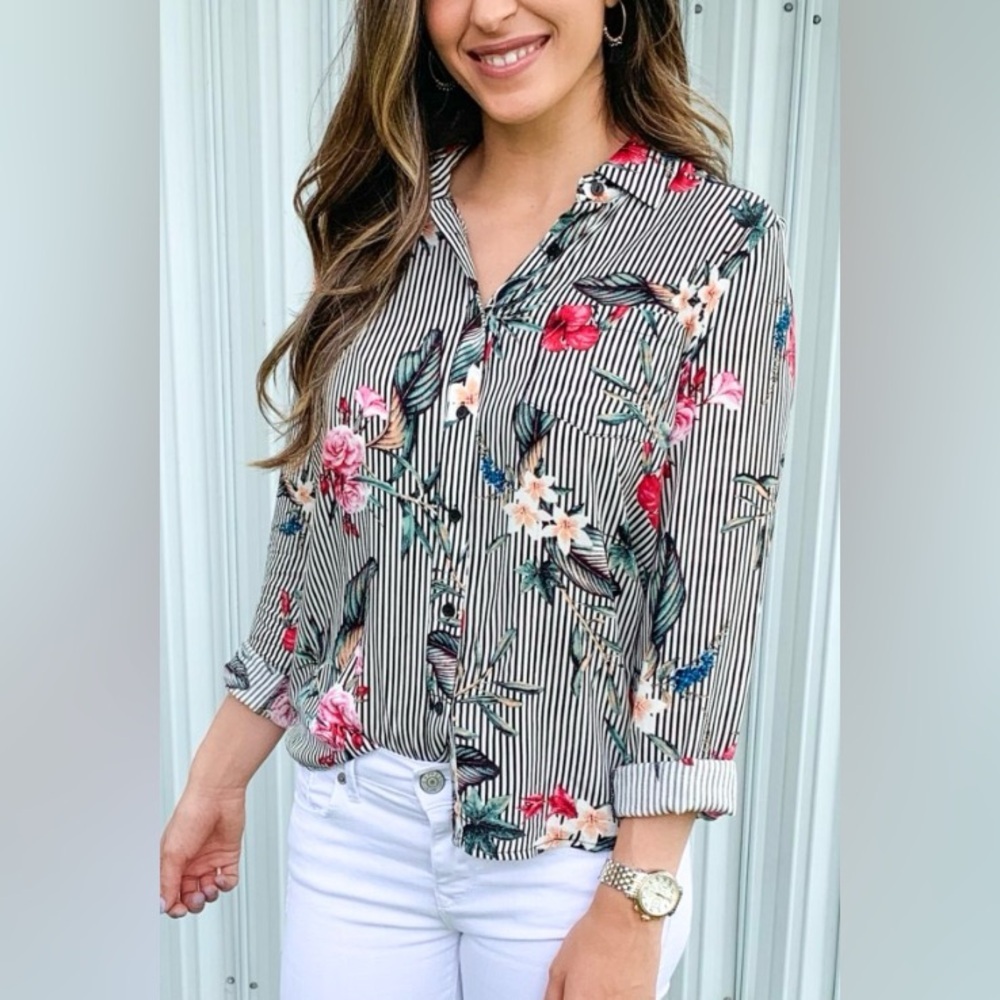 Floral Striped Women's Top spring top summer top floral blouse